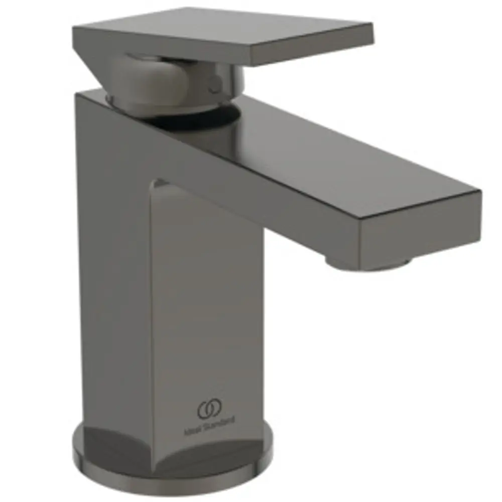 Waschbeckenarmatur in Metallic-Grau, mit einem modernen Design und einem rechteckigen Griff. Produkt von Ideal Standard.